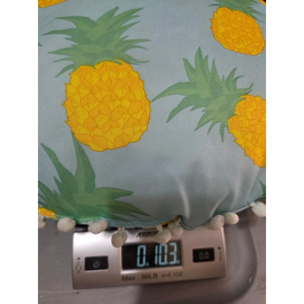 Round Pineapple Print Throw Pillow Light Blue Pom Pom Trim Tropical Decor 12in